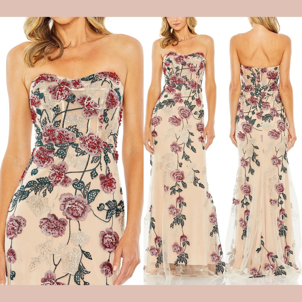 NWT $898 Mac Duggal [ 4 ] 20581 Floral Embroidered Strapless Gown‎ Nude S2184